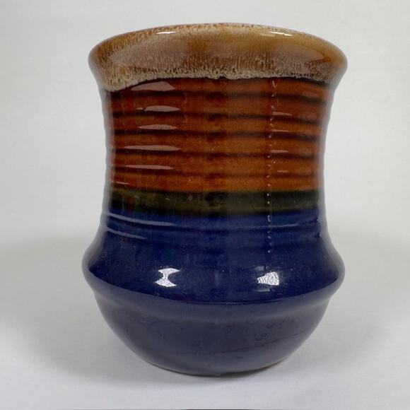 Classic Handmade Stoneware Drip Glaze Mug Brown Blue 1970s Ribbed Texture VTG - Picture 11 of 12